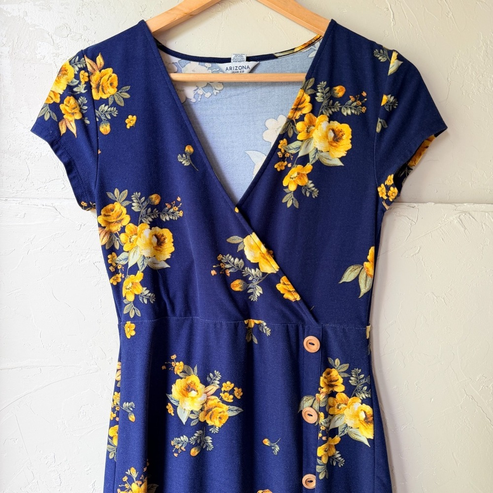 Arizona Jean Co Dress S Blue Yellow Floral V-Neck Sundress Indie Boho Cottage - Picture 7 of 8